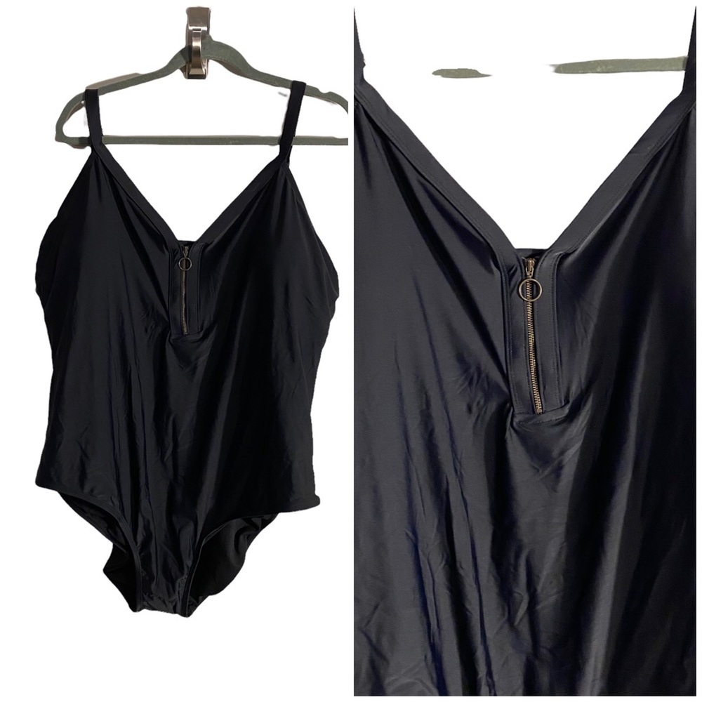 Zipper Front One Piece Swimsuit Black 24W NWT